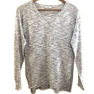 DEX Heather Grey sweater, top seam features, split hem.